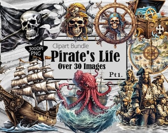 May include: A digital clipart bundle of pirate themed images. The bundle includes a pirate ship, a skull and crossbones flag, a pirate wheel, a treasure chest, an octopus, a map, and pirates. The text "Pirate's Life Over 30 Images Pt. 1." is included in the image.