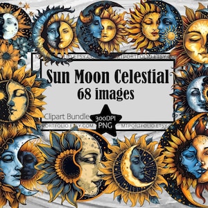 Zon maan clipart hemelse zon PNG wassende maan grafische bundel transparante commerciële digitale download sublimatie mystieke clipart