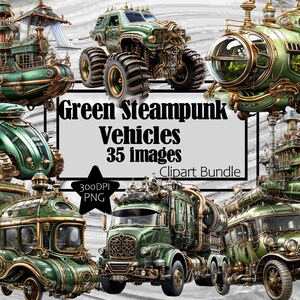 Green Copper Steampunk Vehicles Graphics Transparent Commercial License Incl.~Digital Download Sublimation Junk Journal