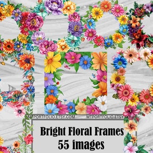 Bright Floral Frame Clipart Flower Frame PNG Bundle Translucent Background |Spring Flowers Graphics Digital Download Commercial Use