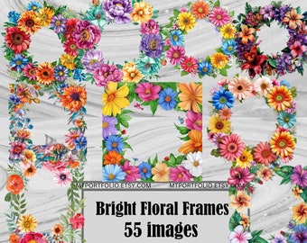 May include: A collection of 55 digital images featuring bright floral frames. The frames are made of various colorful flowers, including pink, yellow, blue, and red. The frames are perfect for adding a touch of nature to your designs.
