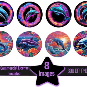 Neon Delfine und Unterwasserszenen Untersetzer Runde Clipart Grafiken bündel ~ Kommerzielle Lizenz Incl.~Digital DL~Sublimation