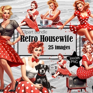 Retro 50s Housewife Trad Wife Vintage Red Dress Graphics Transparente Licença Comercial Incl. ~Download Digital Sublimação Junk Journal