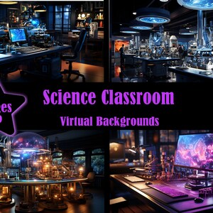 Può includere: Quattro sfondi virtuali che mostrano un'aula di scienze con varie attrezzature di laboratorio, tra cui becher, microscopi e un grande globo. Gli sfondi sono perfetti per riunioni o presentazioni online.