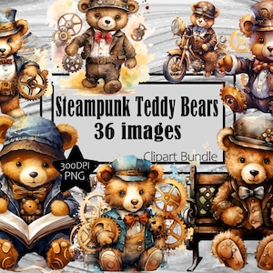 Może przedstawiać: Pakiet cyfrowych grafik 36 obrazów przedstawiających pluszowe misie w stylu steampunk. Misie noszą różne kapelusze, okulary i ubrania z kołami zębatymi i innymi elementami steampunk. W obrazie widoczny jest tekst "Steampunk Teddy Bears 36 images Clipart Bundle".