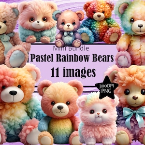 Clipart ours en peluche arc-en-ciel pastel pour nouveau-né usage commercial cadeau baby shower sublimation téléchargement immédiat faire-part de grossesse