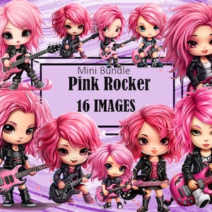 Chica rockera de cabello rosa, grafiti, arte chibi kawaii, imágenes prediseñadas, gráficos, sublimación, paquete, diario basura, álbum de recortes, archivo PNG, descarga transparente