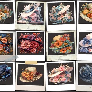 May include: A collage of ten images showcasing a variety of floral hats, each with unique colours and designs. Each hat is presented against a black backdrop within a white frame.