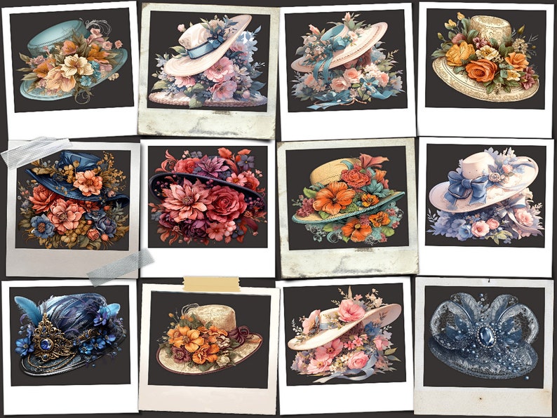 May include: A collage of ten images showcasing a variety of floral hats, each with unique colours and designs. Each hat is presented against a black backdrop within a white frame.