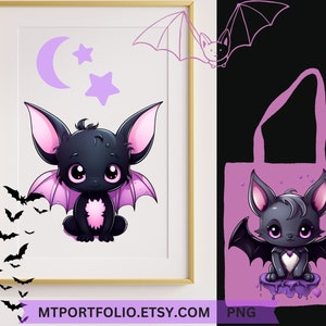 K&ouml;nnte beinhalten: Eine s&uuml;&szlig;e Cartoon-Fledermaus mit rosa Fl&uuml;geln und gro&szlig;en Augen sitzt auf einem lila Hintergrund mit Sternen und einer Mondsichel. Die Fledermaus tr&auml;gt ein rosa Halsband und hat ein rosa Herz auf der Brust. Das Bild ist perfekt f&uuml;r ein Halloween- oder Grusel-Design.
