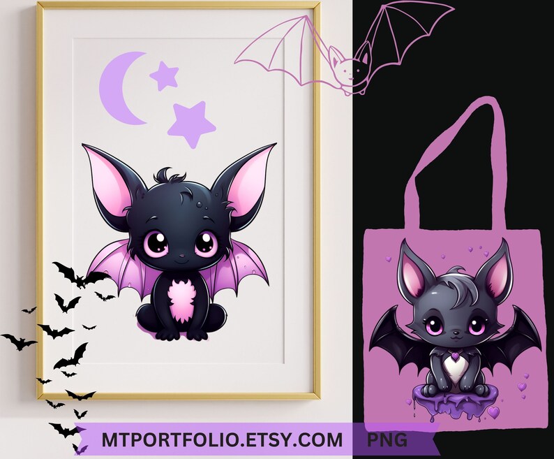 K&ouml;nnte beinhalten: Eine s&uuml;&szlig;e Cartoon-Fledermaus mit rosa Fl&uuml;geln und gro&szlig;en Augen sitzt auf einem lila Hintergrund mit Sternen und einer Mondsichel. Die Fledermaus tr&auml;gt ein rosa Halsband und hat ein rosa Herz auf der Brust. Das Bild ist perfekt f&uuml;r ein Halloween- oder Grusel-Design.