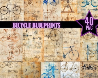 May include: A collage of 40 vintage bicycle blueprints in black and white on a beige background. The text "BICYCLE BLUEPRINTS" is at the top of the collage. The text "40 PNG" is in a purple star at the top right of the collage.