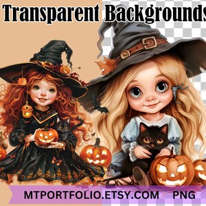 May include: Two cartoon witches with black hats and long hair, one with red hair and one with blonde hair, holding black cats and pumpkins. The witches are wearing dresses and have large eyes. The background is transparent.