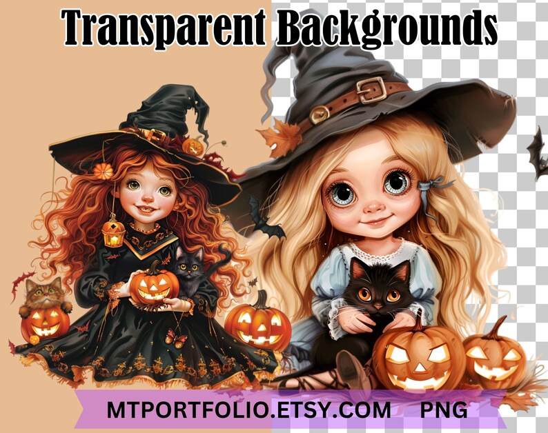 May include: Two cartoon witches with black hats and long hair, one with red hair and one with blonde hair, holding black cats and pumpkins. The witches are wearing dresses and have large eyes. The background is transparent.