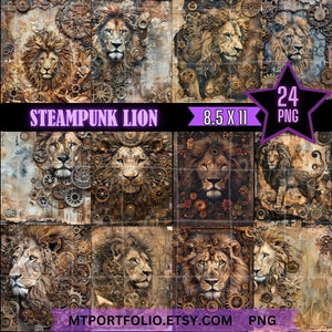 Steampunk Lion numérique 8,5 x 11, paquet de 24 papiers vintage Gear Lion papier pour art mural Fantasy Lion Junk Journal Scrapbooking Téléchargement instantané