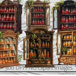May include: Five ornate wooden cabinets with glass doors and shelves filled with small glass bottles containing colorful liquids. The cabinets are decorated with vines and leaves.