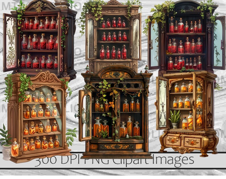 May include: Five ornate wooden cabinets with glass doors and shelves filled with small glass bottles containing colorful liquids. The cabinets are decorated with vines and leaves.
