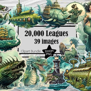 Nautische Clipart Meerjungfrau PNG Jules Verne Sea Monster Leuchtturm Grafiken Kommerzieller Digitaler Download Sublimation Junk Journal 20.000 Leagues