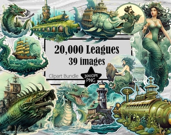 Nautical Clipart Mermaid PNG Jules Verne Sea Monster Lighthouse Graphics Commercial Digital Download Sublimation Junk Journal 20,000 Leagues