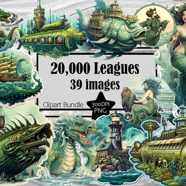 Nautical Clipart Mermaid PNG Jules Verne Sea Monster Lighthouse Graphics Commercial Digital Download Sublimation Junk Journal 20,000 Leagues