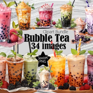 Boba Bubble Tea Matcha Dragonfruit Blackberry Caramel Graphics transparant commerciële licentie incl. ~ Digitale download dye-submlimatie