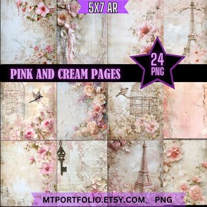 Papel digital parisino rosa y crema de 5x7, impresión floral, paquete de 24, para arte mural, impresión de diario basura, álbum de recortes, descarga instantánea.