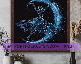 Blue Moon Ballerina Printable Art Galaxy Cosmos Ballet Wall Art Blue Stardust Art Starlight Ballet Dancer Modern Art - Instant Download