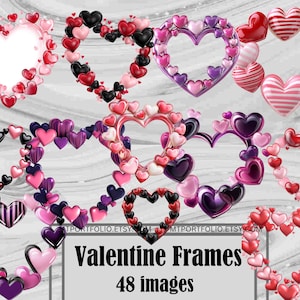 Op de afbeelding: Een set van 48 digitale Valentijnsdagkaders met harten in verschillende tinten roze, rood en paars. De kaders zijn perfect om een romantische touch aan je foto's te geven.