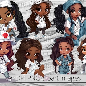 Pode incluir: Conjunto de seis imagens digitais de personagens de desenhos animados que representam enfermeiras com pele morena, cabelo preto comprido e que usam batas brancas e azuis. As enfermeiras usam estetosc&oacute;pios e algumas t&ecirc;m faixas de cabelo. O fundo &eacute; um padr&atilde;o de m&aacute;rmore cinza e branco.