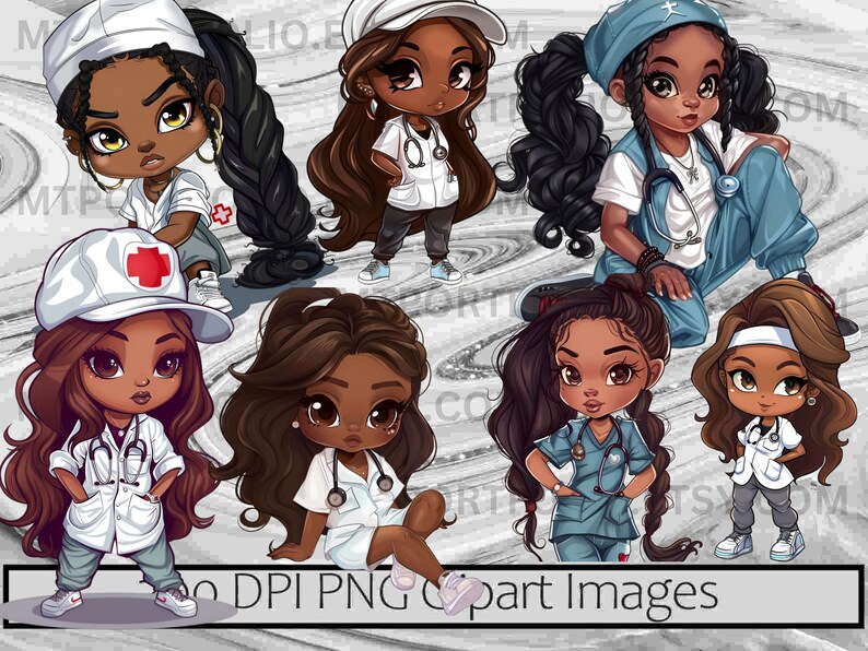 Pode incluir: Conjunto de seis imagens digitais de personagens de desenhos animados que representam enfermeiras com pele morena, cabelo preto comprido e que usam batas brancas e azuis. As enfermeiras usam estetosc&oacute;pios e algumas t&ecirc;m faixas de cabelo. O fundo &eacute; um padr&atilde;o de m&aacute;rmore cinza e branco.