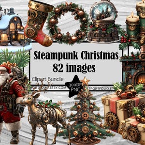 Steampunk kerstclipart Steampunk kerstman png Vintage Gear Xmas clipartbundel kerstsok sublimatie PNG-kaarsen