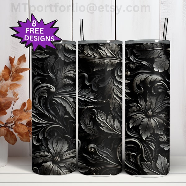 Black Damask Gothic Floral Tooled Leather 3D Look 20oz Skinny Tumbler Sublimation Design Digital Wrap Waterslide Download PNG 300DPI