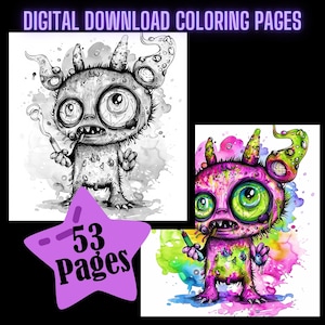 May include: A black and white colouring page featuring a cartoon monster with a single horn, large eyes, and a cigarette in its mouth. The monster is surrounded by watercolour-style splatters. The image is labelled "53 Pages".