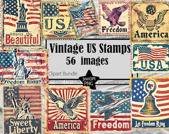USA Stamps Clipart American Patriot Stamp Ephemera Graphic PNG Clipart Bundle Commercial Use Digital Download Sublimation Junk Journal