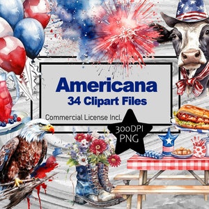 Americana 4 juli patriottisch rood wit blauw aquarel graphics transparant commerciële licentie incl. ~Digitale downloadsublimatie