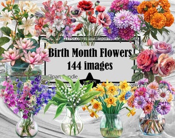 Birth Month Flower Clipart Flower Arrangement PNG Graphics Carnation Flower Vase Flower Blossom PNG Commercial License Digital Junk Journal