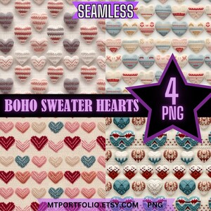 Boho Pullover stricken Textur Herzen 3D Digital Papier Nahtlose Muster 4 Pack Bundle Scrapbook Journal Dye Sublimation Sofort Download