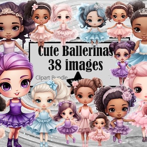 May include: A digital clipart bundle of 38 images featuring cute cartoon ballerinas with various hairstyles, skin tones, and outfits. The text "Cute Ballerinas 38 images Clipart Bundle" is displayed on a gray background.