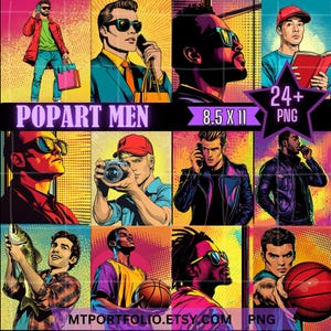 PopArt Men Clipart Retro Comic Book Man Clipart Bundle Retro Pop Wall Art PNG Comic Guy Clipart Papel Artesanal Diário Masculino Super-herói