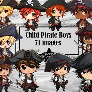 May include: A set of 71 digital images featuring cute, cartoon pirate boys in various poses. The boys are wearing pirate hats, bandanas, and clothing. The images are perfect for crafting, scrapbooking, and other creative projects.