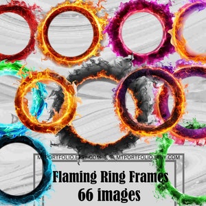 Könnte beinhalten: Ein Set mit 66 digitalen Bildern von flammenden Ringrahmen in verschiedenen Farben, darunter Rot, Orange, Gelb, Blau, Grün, Lila und Schwarz. Die Rahmen eignen sich perfekt, um Ihren Designs eine feurige Note zu verleihen.
