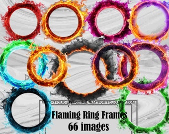 Puede incluir: Un conjunto de 66 imágenes digitales con marcos de anillos llameantes en varios colores, incluidos rojo, naranja, amarillo, azul, verde, morado y negro. Los marcos son perfectos para agregar un toque de fuego a tus diseños.