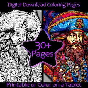 Más de 30 páginas para colorear de Piratas para adultos: Pirata, Cofre del tesoro, Kraken, Barcos piratas, Mapas, Brújula. Listas para imprimir. Descarga instantánea en archivos PDF.