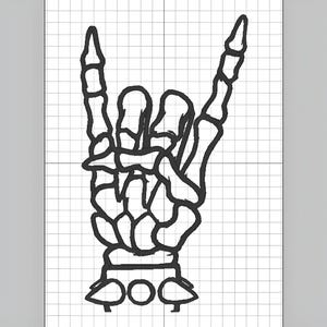 May include: A black and white line drawing of a skeleton hand giving the rock and roll hand gesture. The hand is stylised to look like a skeleton with visible bones.