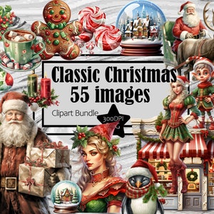Traditionelle Weihnachts Clipart Aquarell Klassische Weihnachten PNG Bundle Xmas Dekoration PNG Clipart Retro Weihnachten Sublimation Santa PNG