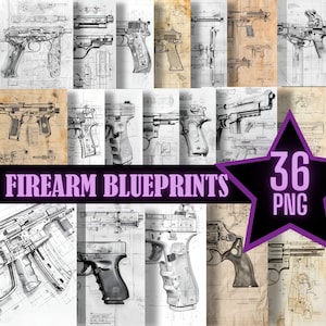 Arme à feu fantastique plans brevets dessins PNG imprimable pistolet schématique vintage éphémère dessin mécanique Junk Journal papier numérique PNG