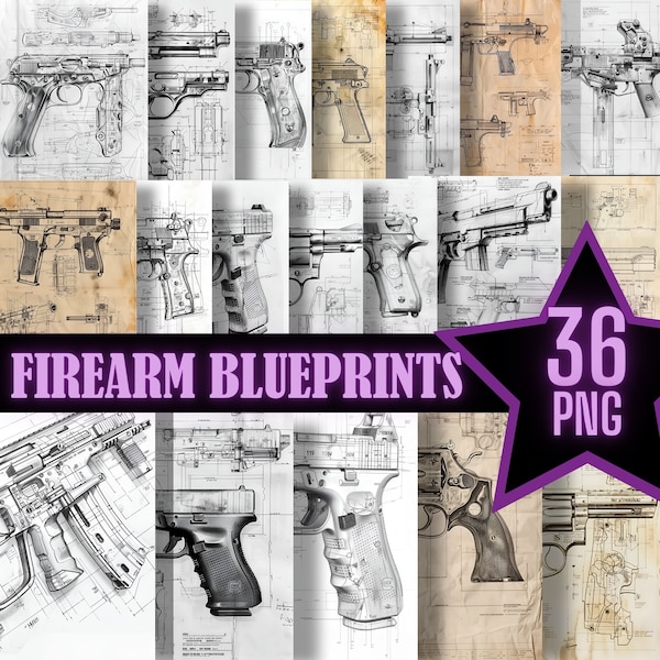 Fantasy Firearm Blueprints Patent Drawings PNG Printable Pistol Schematic Vintage Ephemera Mechanical Drawing Junk Journal Digital Paper PNG