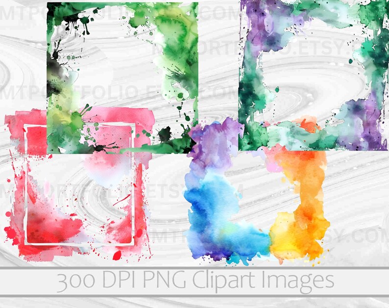 May include: Four digital watercolor frames with a white background. The frames are in shades of green, purple, red, and blue. The frames are 300 DPI PNG clipart images.