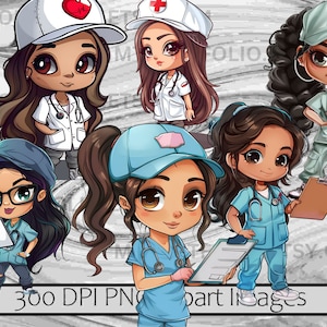 Pode incluir: Cinco ilustra&ccedil;&otilde;es de desenhos animados de enfermeiras com diferentes penteados e tons de pele. Cada enfermeira usa um uniforme de cor diferente, incluindo azul, verde e branco. As enfermeiras est&atilde;o segurando equipamentos m&eacute;dicos, como um estetosc&oacute;pio e uma prancheta.