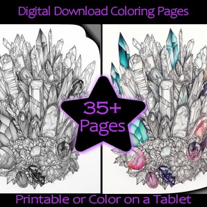 Magic Crystals - 35+ Adult Coloring Pages - Fantasy Crystals, Candles and Moons - ready to print Instant Download PDF Files